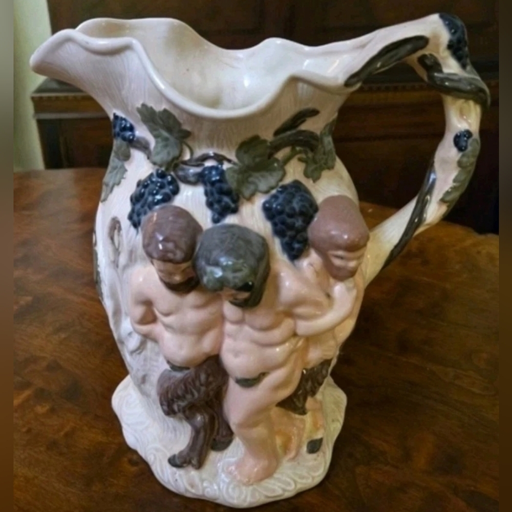 Vintage Ceramic Grape Vine Water Pitcher Mother 3D Cherubs 9"